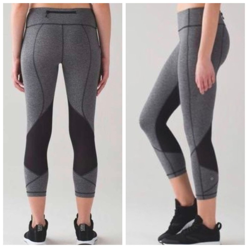 Lululemon Run Inspiring Crop II Heathered Black Grey Mesh Leggings Size 6